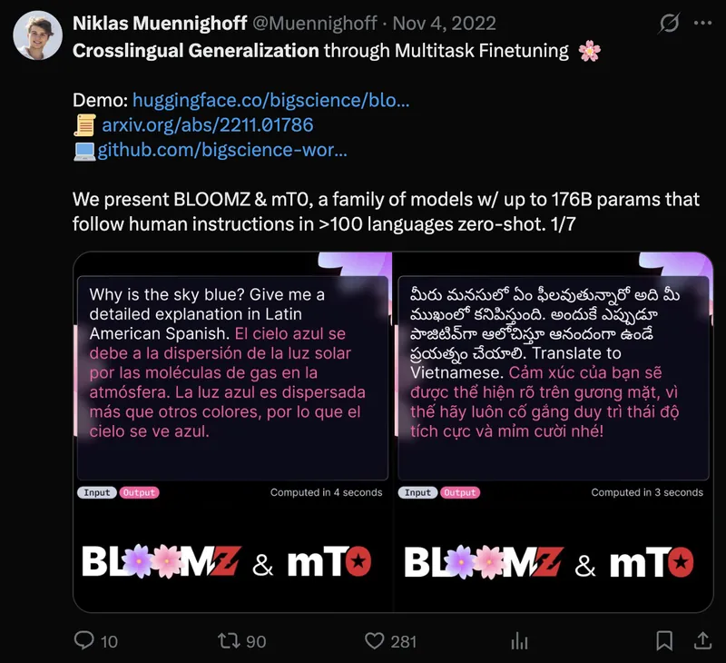 Tweet screenshot: Niklas on BLOOMZ