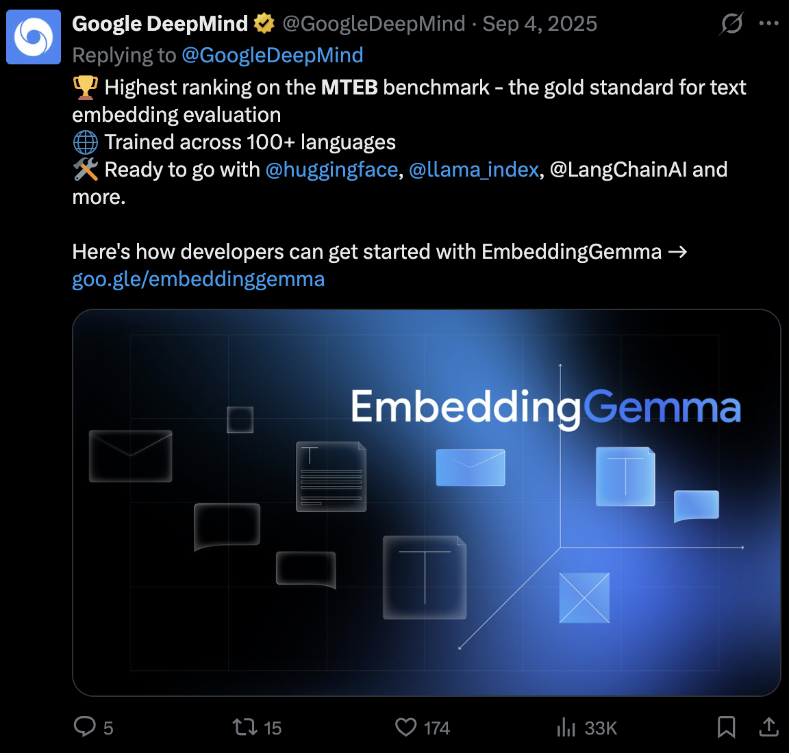 Tweet screenshot: Google DeepMind on MTEB
