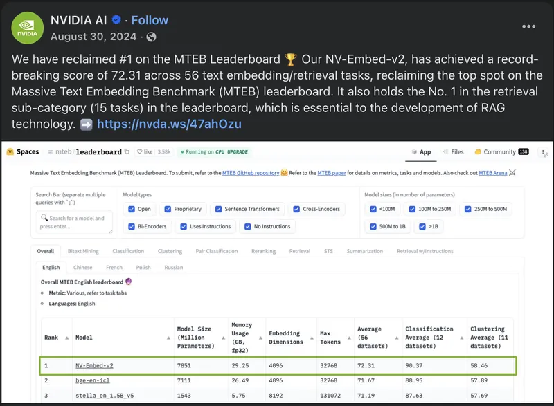 Tweet screenshot: Nvidia on MTEB