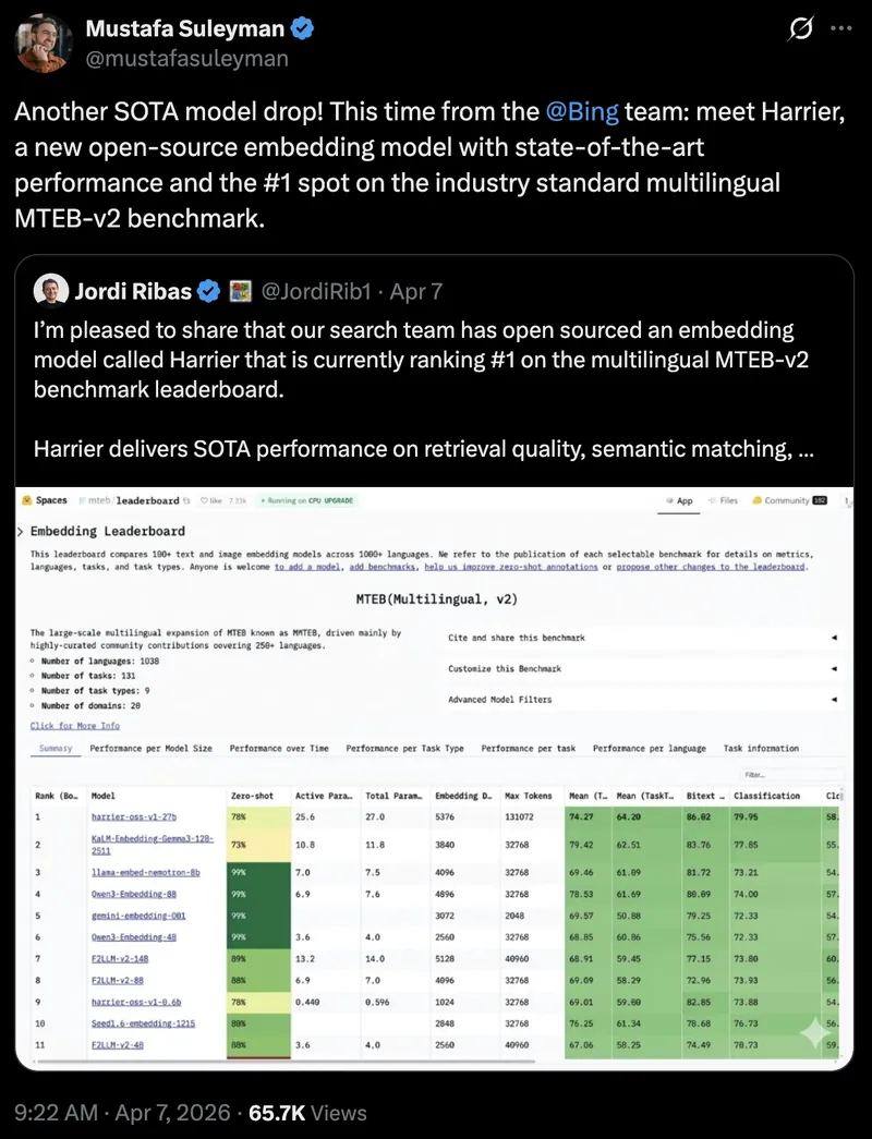 Tweet screenshot: Mustafa Suleyman on MTEB