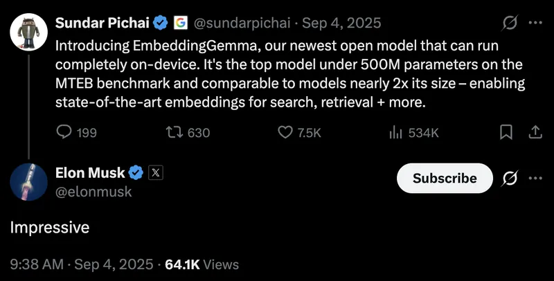Tweet screenshot: Sundar Pichai & Elon Musk on MTEB
