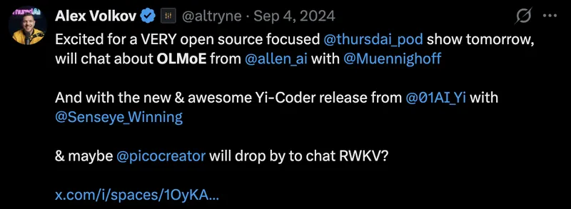 Tweet screenshot: Alex on OLMoE