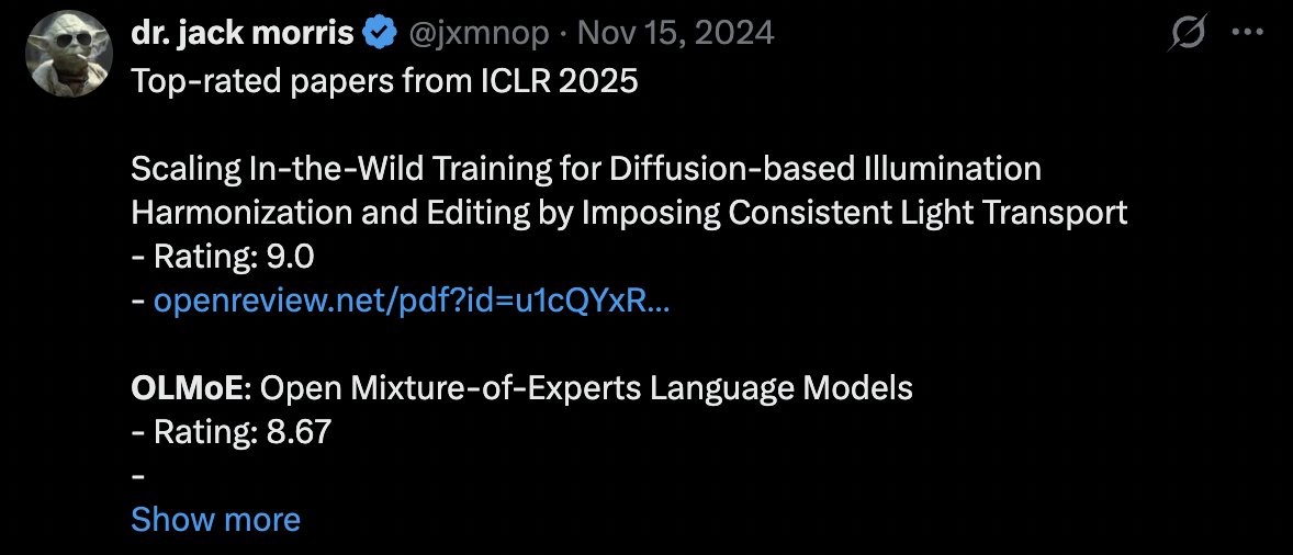 Tweet screenshot: Jack Morris on OLMoE