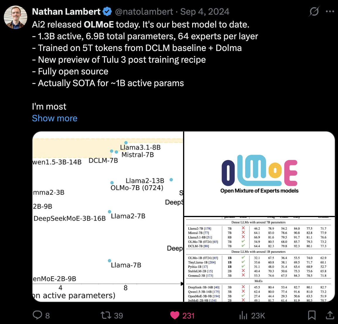 Tweet screenshot: Nathan Lambert on OLMoE