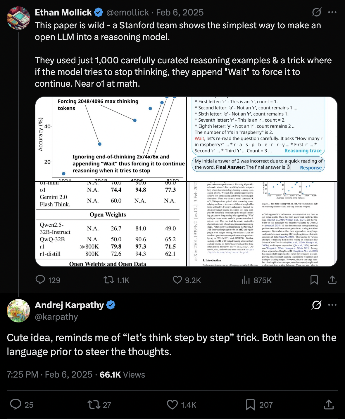 Tweet screenshot: Andrej Karpathy on s1