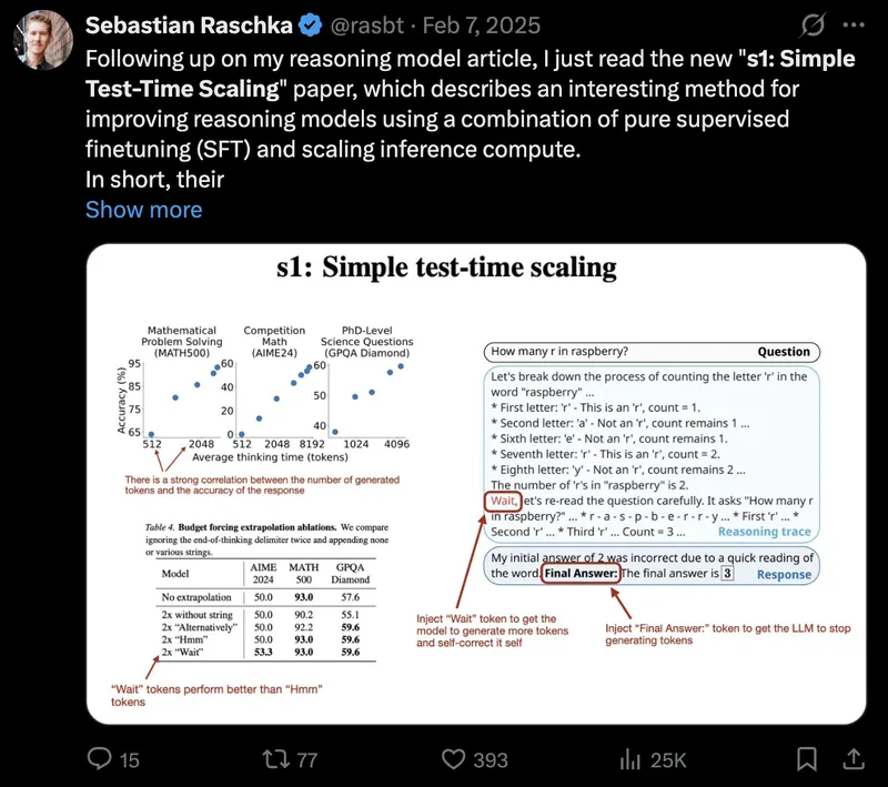 Tweet screenshot: Sebastian Raschka on s1