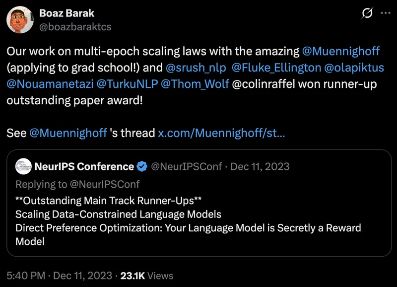 Tweet screenshot: Boaz on Scaling Data-Constrained Language Models