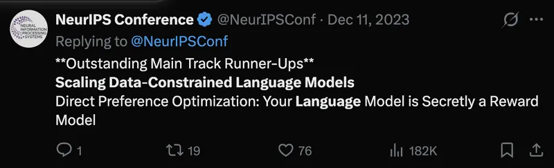 Tweet screenshot: NeurIPS on Scaling Data-Constrained Language Models