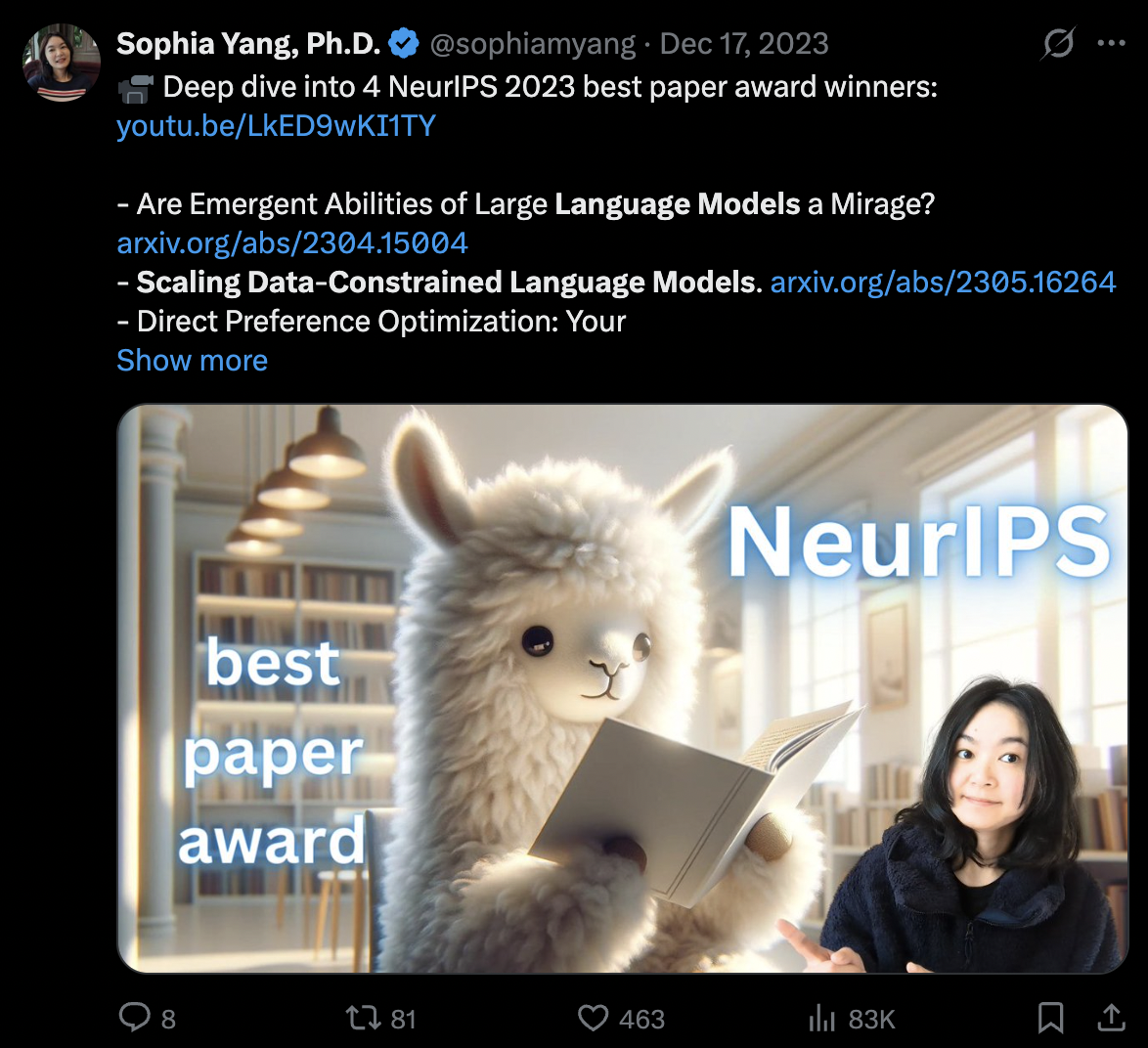 Tweet screenshot: Sophia Yang on Scaling Data-Constrained Language Models