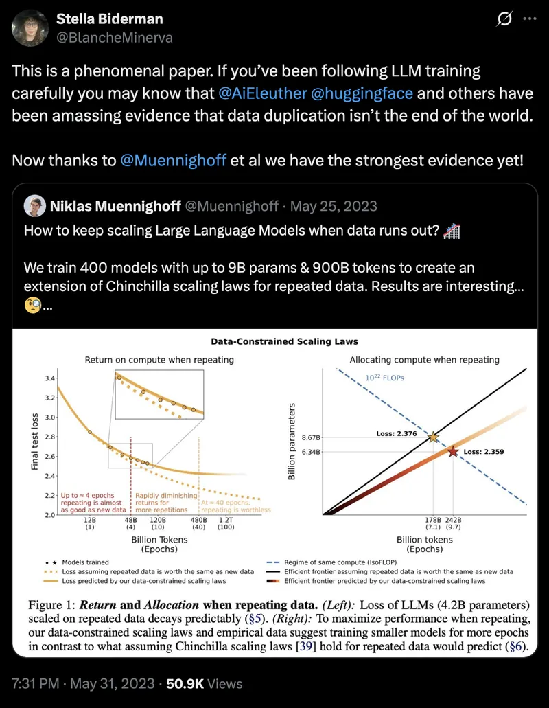 Tweet screenshot: Stella on Scaling Data-Constrained Language Models