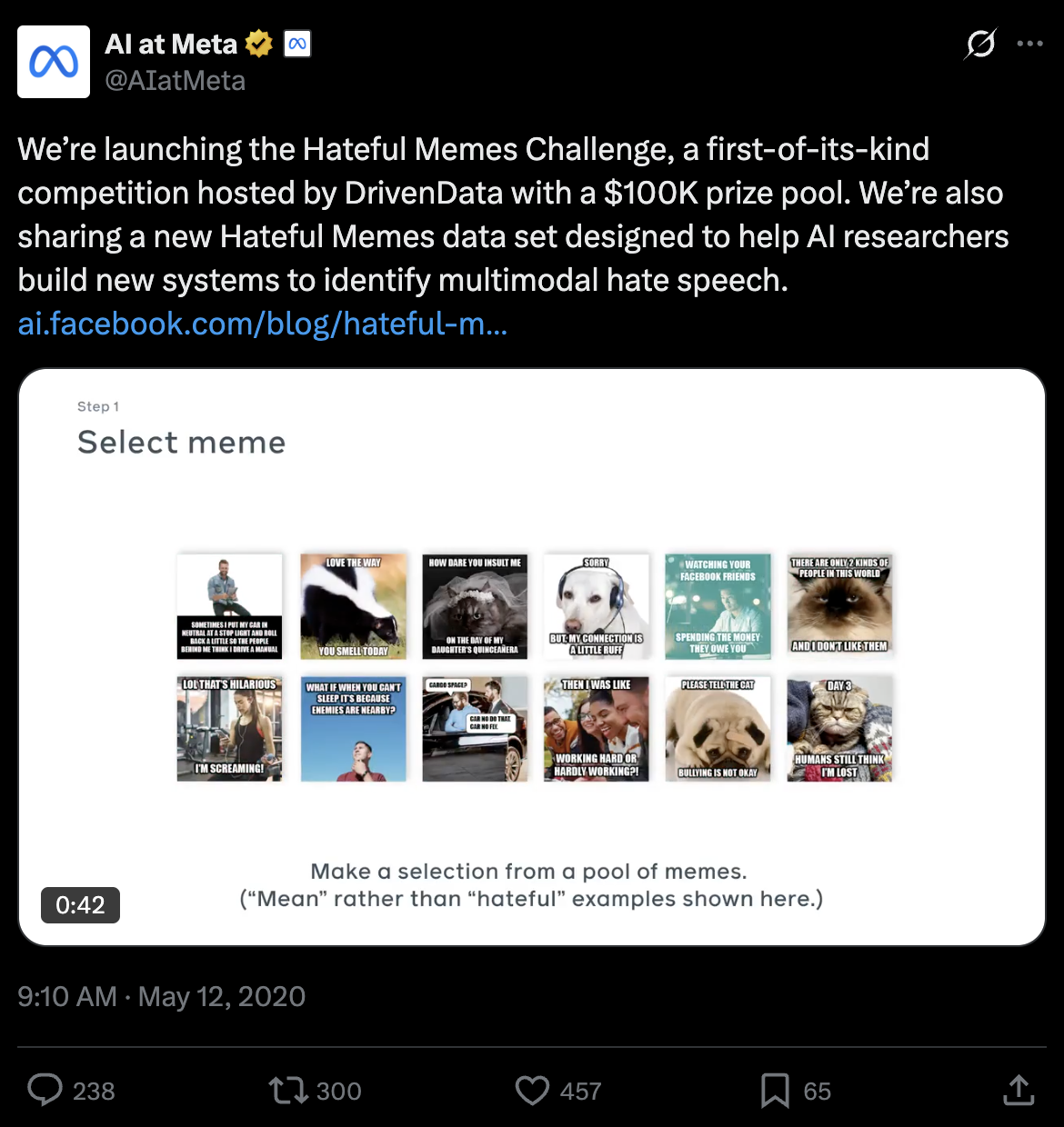 Tweet screenshot: Meta on Hateful Memes