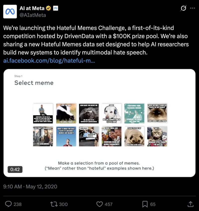 Tweet screenshot: Meta on Hateful Memes