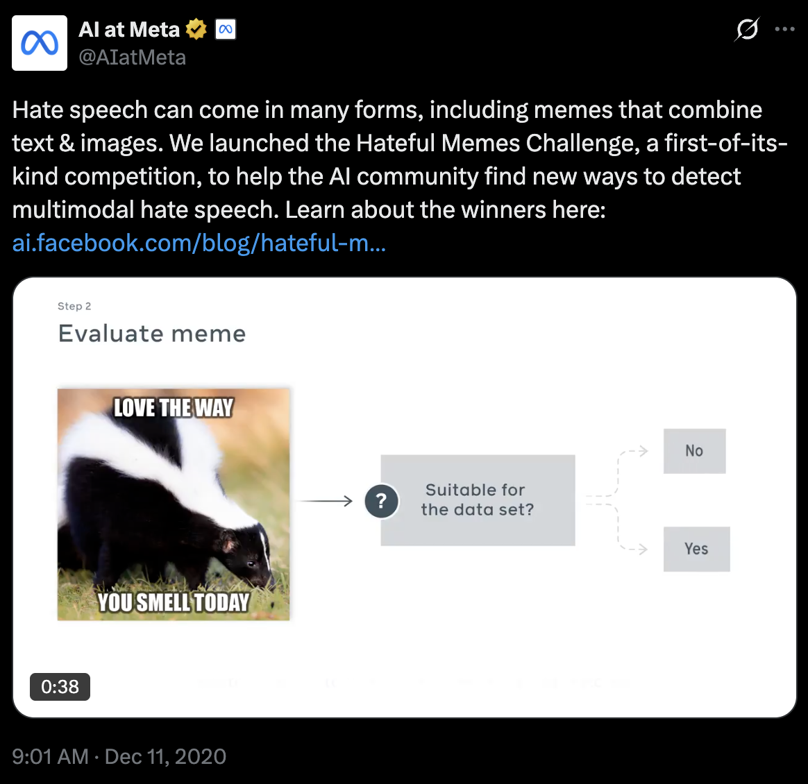 Tweet screenshot: Meta on Hateful Memes Winners