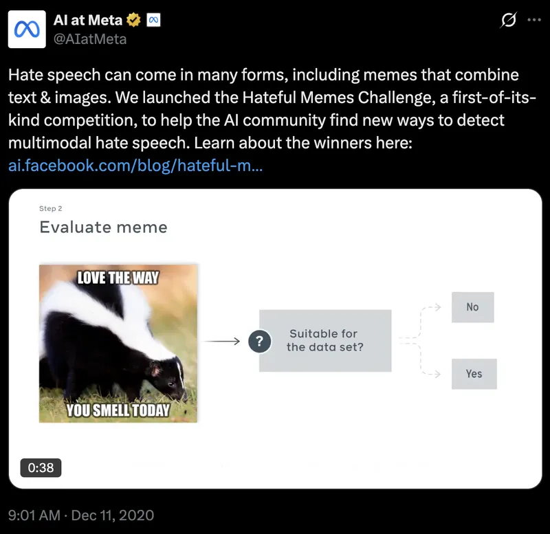 Tweet screenshot: Meta on Hateful Memes Winners